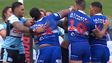 Tevita Pangai Jr was sin binned for this punch thrown at Royce Hunt.