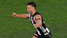 MELBOURNE, AUSTRALIA - SEPTEMBER 22: Nick Daicos of the Magpies celebrates on the final siren during the 2023 AFL First Preliminary Final match between the Collingwood Magpies and the GWS GIANTS at Melbourne Cricket Ground on September 22, 2023 in Melbourne, Australia. (Photo by Morgan Hancock/AFL Photos via Getty Images)