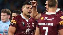 David Fifita reacts to a Queensland try.