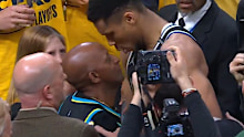 Giannis Antetokounmpo fires up at Tyrese Haliburton's dad. 