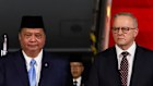 Prime Minister Albanese arrives in Indonesia and is met by Airlangga Hartarto, Indonesia’s Coordinating Minister for Economic Affairs.