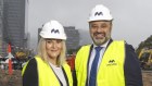 Mirvac GM of Development in Victoria Elyssa Anderson and Development CEO Stuart Penklis at the construction site of Trielle, a 45-level, all-electric residential tower at the company’s Yarra’s Edge precinct on Monday.
