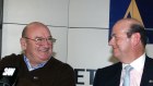 Lindsay Fox (left) with Solomon Lew announcing their bid for failed airline Ansett. 