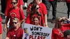 Teachers rallying at the steps of Parliament House in Spring Street.