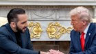Donald Trump and Nayib Bukele, El Salvador’s president, shake hands during a meeting in the Oval Office. 