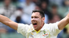 In frame: Scott Boland celebrates after taking his first Test wicket. 