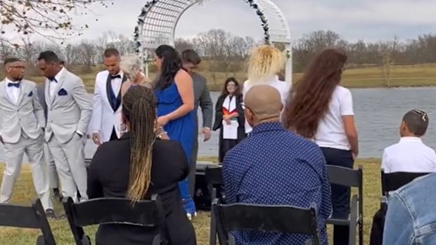 Groom carried to altar in coffin