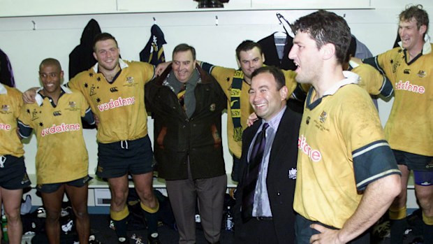 Eddie Jones and John Eales of Australia after winning the Bledisloe Cup in Dunedin in 2001.