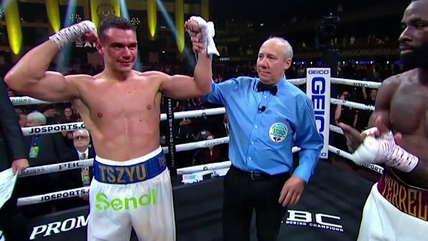 Tim Tszyu celebrates victory over Terrell Gausha.