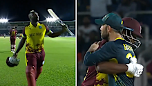 Glenn Maxwell hugs Andre Russell in his retirement game