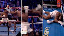Anthony Joshua knocked down by Daniel Dubois in an all-British bout at Wembley Stadium.