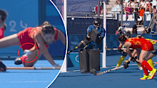 China score against the Hockeyroos after a review decision. 