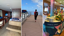 Stills of Kanoa Igarashi's tour aboard the Aranui 5, a cruise and cargo ship hybrid that is serving as a floating athletes' village during the surfing competition as part of the Paris 2024 Olympics.
