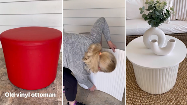 Woman turns old ottoman into on-trend side table with $20 Kmart hack
