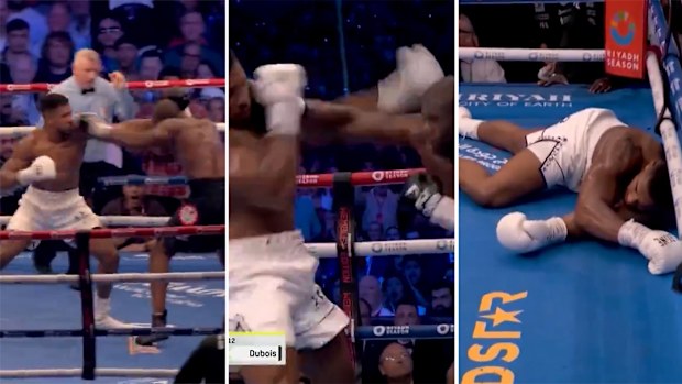 Anthony Joshua knocked down by Daniel Dubois in an all-British bout at Wembley Stadium.