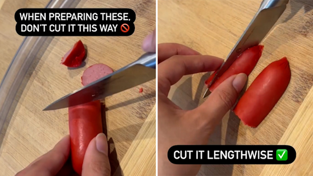 Aussie paramedic showing right and wrong way to cut a hotdog to prevent child from choking.