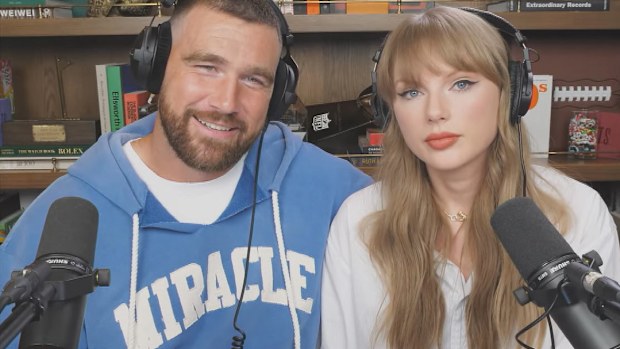 Taylor Swift and Travis Kelce on the New Heights podcast