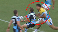 Tino Fa'asuamaleaui's shoulder charge on Blayke Brailey.