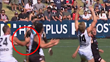 Jordan Sweet pushes Mitch Owens, who collides with Miles Bergman.