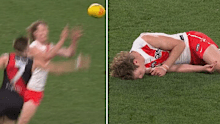 Zach Merrett collects Nick Blakey high.