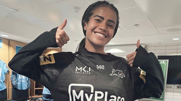 Mary Fowler wearing Penrith Panthers merch after NRL win