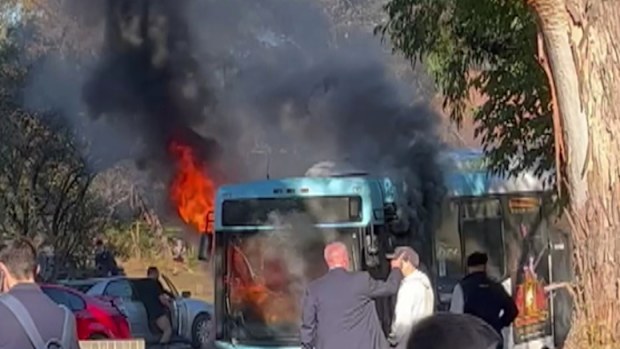 More than 20 students were onboard a bus when it caught fire out the front of two schools in Sydney's south this afternoon.