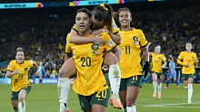 SYDNEY, AUSTRALIA - AUGUST 16: Australia forward Sam Kerr (20) celebrates with her teammates after scoring during the FIFA Women's World Cup  2023 Semi Final match between  Australia and England on Wednesday, August 16, 2023, in Sydney, Australia,  (Photo by Jabin Botsford/The Washington Post via Getty Images)
