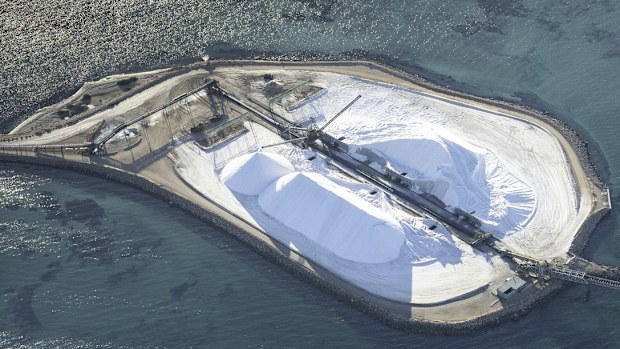 Aerial photo taken from a small plane showing salt works below at Useless Loop, Shark Bay, Western Australia