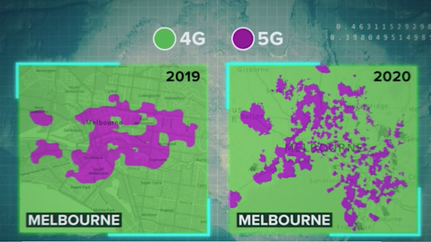There are still gaps in Melbourne's 5G coverage, as opposed to 4G which is shown in green.