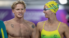 BIRMINGHAM, ENGLAND - JULY 28: Emma McKeon and Cody Simpson of Australia during training at the Sandwell Aquatics Centre, Birmingham in preparation for the Birmingham 2022 Commonwealth Games on July 28, 2022, in Birmingham, England. (Photo by Tim Clayton/Corbis via Getty Images)