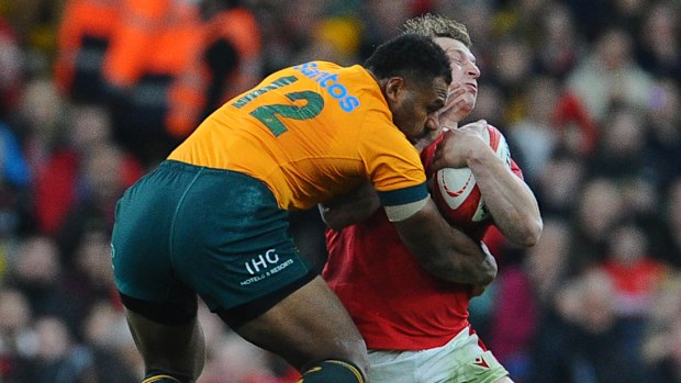 Australia's Samu Kerevi collides with Wales' Jac Morgan.