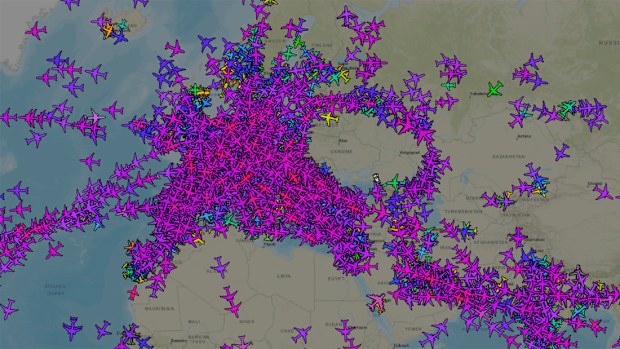 The empty airspace over Ukraine around 11:30 am ET on February 24. (From ADS-B Exchange)