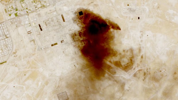 This satellite imagery shows large plumes of thick black smoke rising at Saudi Aramco's vital Abqaiq processing facility following earlier reports of an Iranian drone attack on Wednesday.