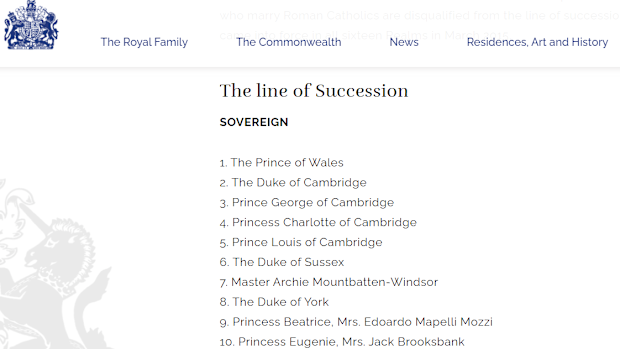 The royal family line of succession according to royal.uk