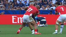Tonga's Vaea Fifita make an ugly tackle on a Scottish player, resulting in a yellow card that was upgraded to red.
