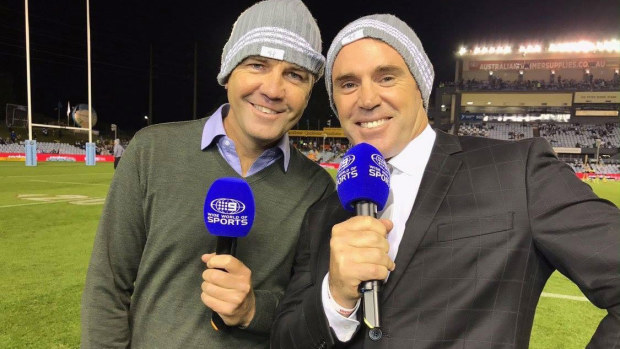 Matt Callander and Brad Fittler talk about Beanie for Brain Cancer Round during Nine's coverage at Shark Park in 2017.
