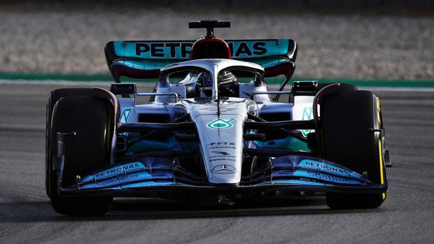 Seven-time world champion Lewis Hamilton at the wheel of the Mercedes during pre-season testing in Spain.