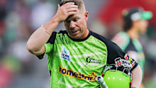 David Warner departs for a duck.