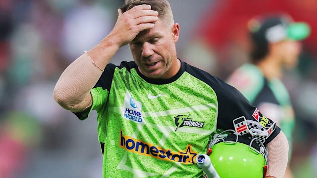 David Warner departs for a duck.