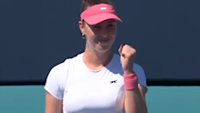 Talia Gibson celebrates victory over Iva Jovic.