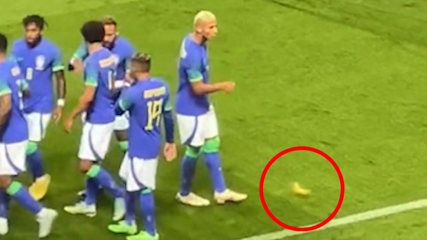 A banana was thrown from the crowd at Brazilian players celebrating a goal during a World Cup friendly against Tunisia in Paris.