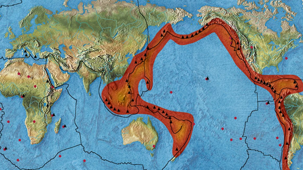 Map of the Pacific Ring of Fire, an area known for its intense seismic activity which extends from the west coast of the American contient to New Zealand, Japan, the Phillipines and Indonesia.