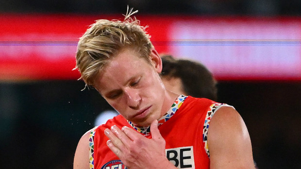 Isaac Heeney of the Swans reacts following their loss to St Kilda.