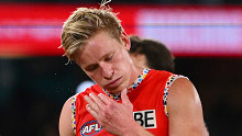 Isaac Heeney of the Swans reacts following their loss to St Kilda.