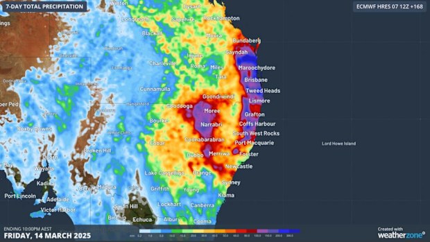 Forecast map of 7 day rainfall totals following ex-tropical cyclone alfred