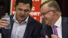 The Greens' Jim Casey and Labor's Anthony Albanese at a Stop WestConnex meeting. Mr Albanese did not envisage a motorway going right through his electorate.