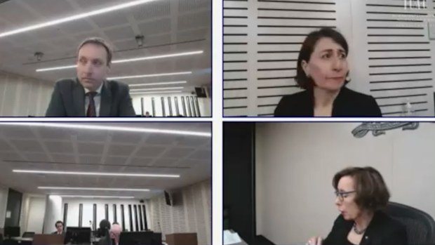 Gladys Berejiklian is being questioned for the second day by counsel assisting Scott Robertson (top left).