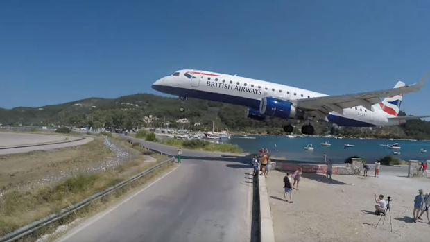 Thrill-seeking holidaymakers were almost taken out by a landing British Airways flight on the Greek island of Skiathos.