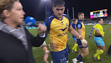 Michael Hooper leaves Darcy Swain hanging in his handshake attempt at halftime in Canberra.