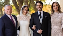 AMMAN, JORDAN- MARCH 12: In this handout from the Jordanian Royal Court,  King Abdullah II ibn Al Hussein of Jordan, Princess Iman Bint Abdullah II, Jameel Alexander Thermiotis and Queen Rania of Jordan pose together at the Royal wedding of Princess Iman Bint Abdullah II and Jameel Alexander Thermiotis on March 12, 2023 in Amman, Jordan. (Photo Handout/Jordanian Royal Court/Getty Images)